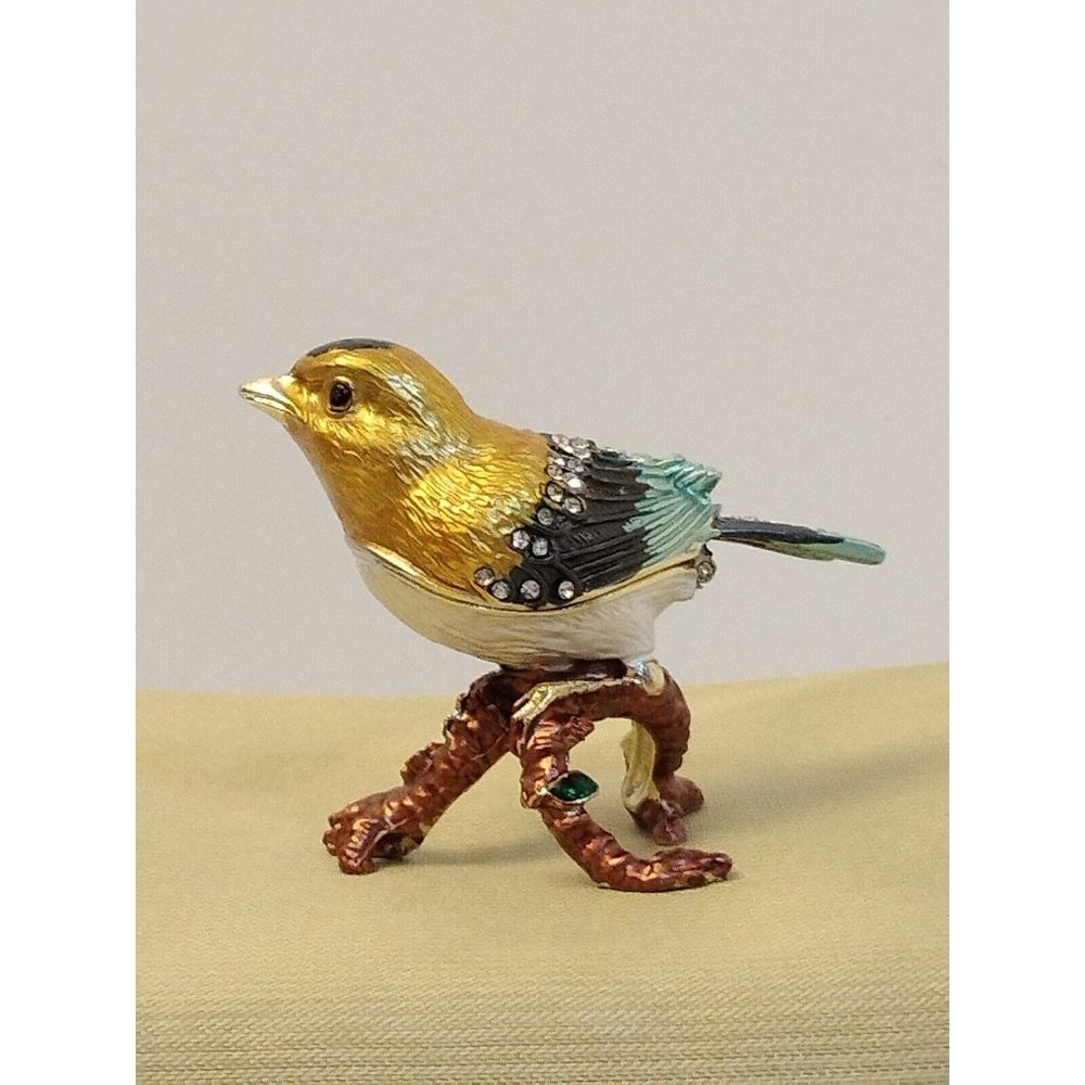 Beautiful Trinket Box Sparrow Bird Gold Blue &Green wRhinestones Sitting On A...